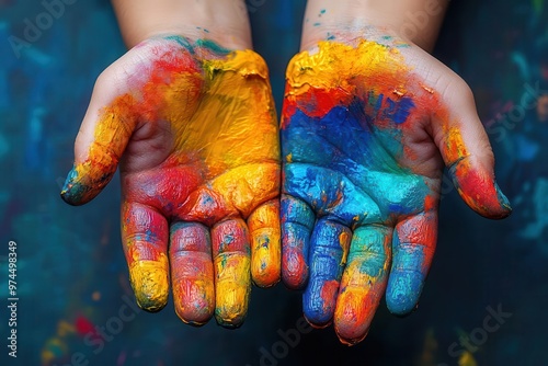 child artists paintcovered hands pressed against canvas vibrant rainbow colors closeup of creative expression photo