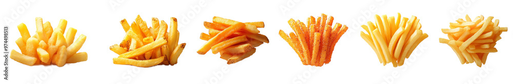 Crispy golden French fries arranged in various styles, showcasing their delicious texture and color. Perfect for food lovers and fast food enthusiasts! Crispy golden French fries arranged in various styles, showcasing their delicious texture and color. Perfect for food lovers and fast food enthusiasts!