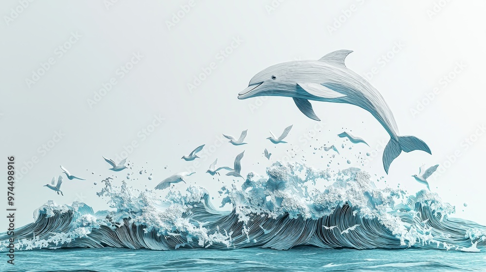Obraz premium A dolphin jumping gracefully over ocean waves with splashes, showcasing the beauty of marine life and nature's wonder.