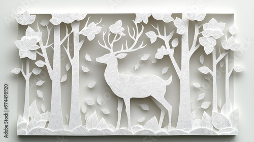 A delicate white paper cut of a deer among trees and flowers, showcasing intricate design and serene nature theme.