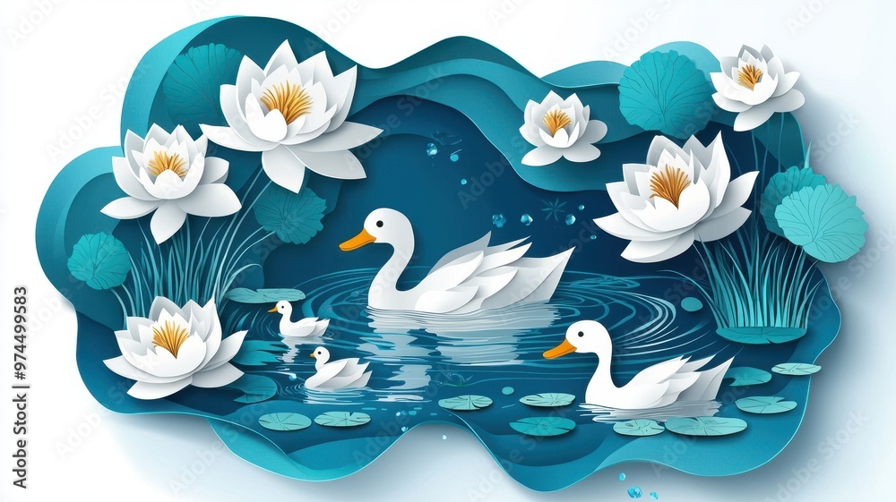 A serene scene of ducks swimming among beautiful water lilies, showcasing a tranquil pond environment in vibrant colors. A serene scene of ducks swimming among beautiful water lilies, showcasing a tranquil pond environment in vibrant colors.