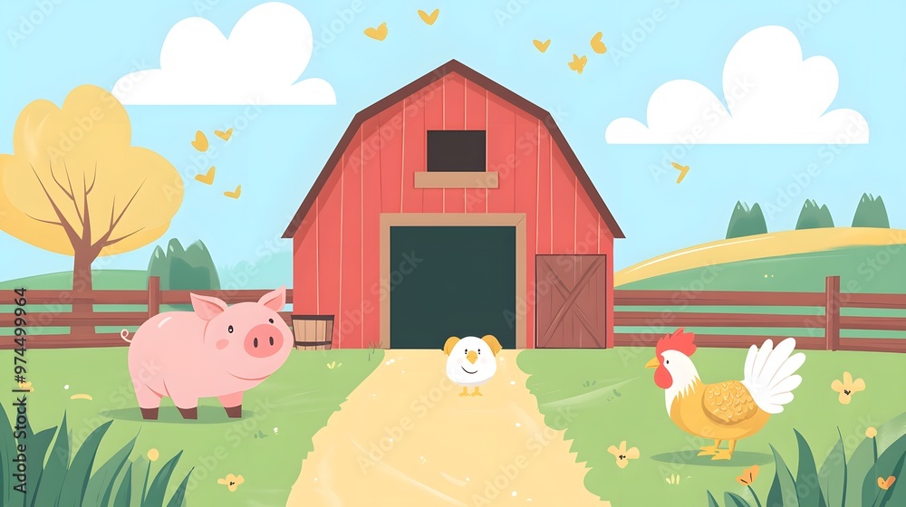 A red barn with a pig, a chick, and a rooster in front of it A red barn with a pig, a chick, and a rooster in front of it
