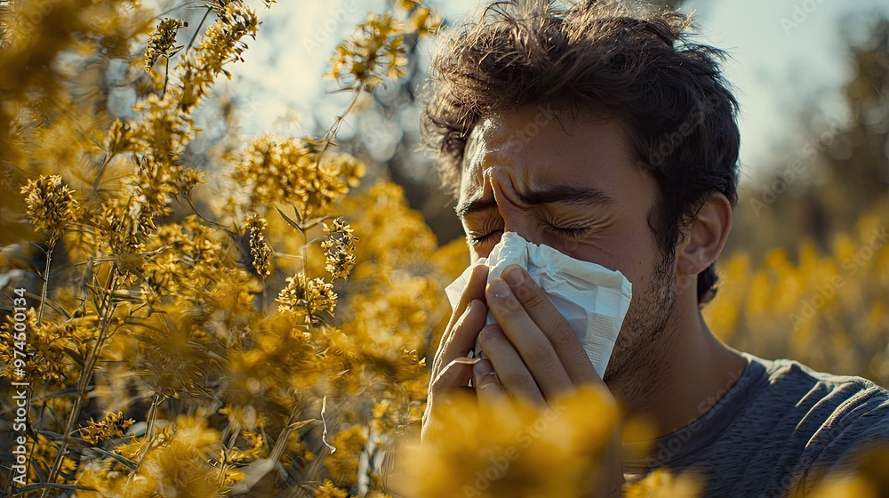 a man sneezes into a tissue on a background of ambrosia. Selective focus a man sneezes into a tissue on a background of ambrosia. Selective focus