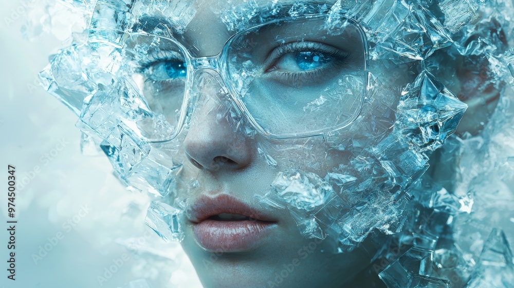 Woman s Face Covered in Ice Crystals and Wearing Glasses Woman s Face Covered in Ice Crystals and Wearing Glasses