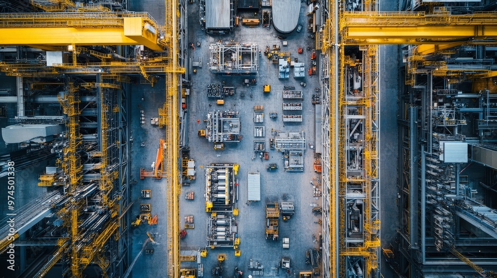 A team of workers assembles complex machinery in a large industrial facility. A team of workers assembles complex machinery in a large industrial facility.