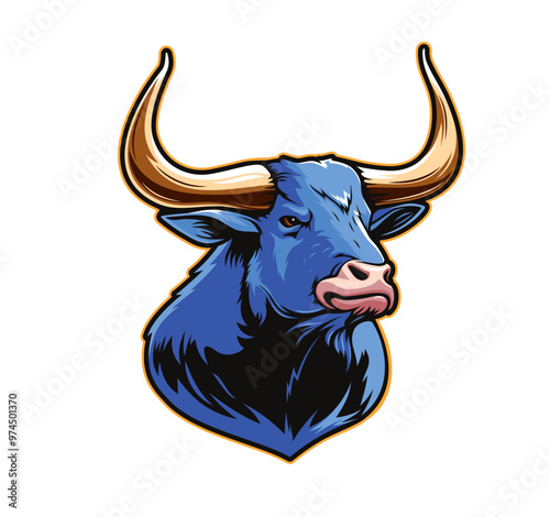 Ai generated ox mascot, generative ai bull animal character head with blue fur, long horns and ferocious expression. Fiery creature embodies strength and determination, unwavering resolve and power