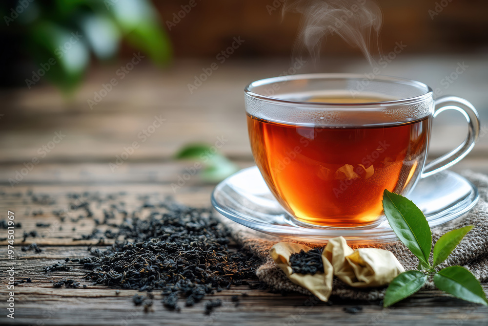 A steaming hot cup of black tea in a glass cup with spilled tea leaves and green tea leaves in the background, on a wooden surface. A steaming hot cup of black tea in a glass cup with spilled tea leaves and green tea leaves in the background, on a wooden surface.