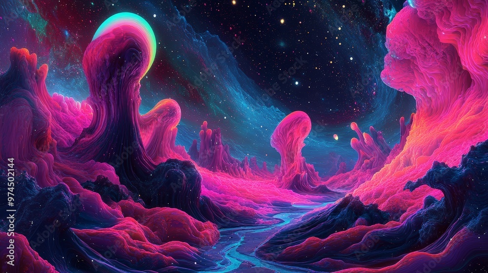 Fototapeta premium A trippy cosmic landscape with vibrant, pulsating star systems and ethereal, swirling nebulae. The neon colors and abstract shapes create a visually stunning and immersive outer space scene.