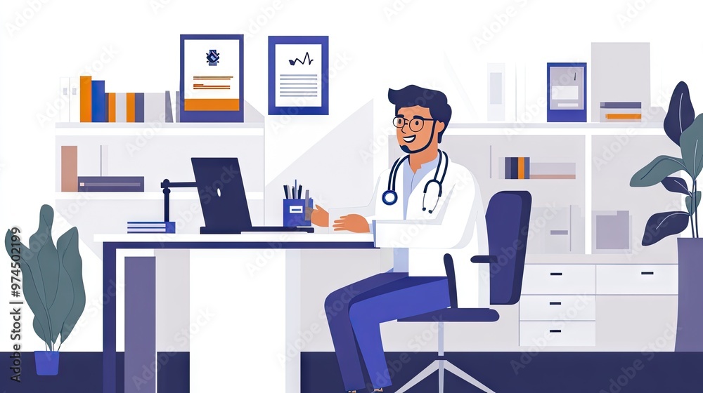 A physician in an office setting, talking to a patient via a telemedicine platform, showing modern healthcare solutions. A physician in an office setting, talking to a patient via a telemedicine platform, showing modern healthcare solutions.