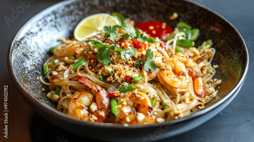 Delicious shrimp noodle dish garnished with herbs, lime, and spices, served in a stylish bowl, perfect for culinary imagery.