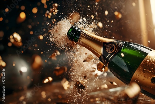 Explosive Champagne Celebration – Bottle Popping with Flying Cork and Bubbles in a Festive Atmosphere, Perfect for Celebrations, New Year's Eve Background, Weddings, and Special Events