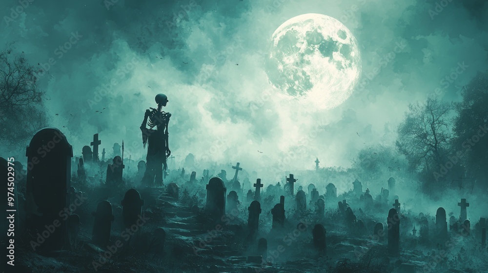 Spooky Graveyard with Skeleton and Full Moon Spooky Graveyard with Skeleton and Full Moon