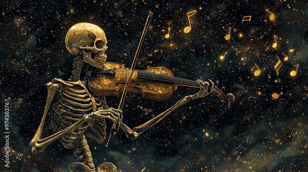 Naklejka premium Skeleton Playing Violin in Space with Golden Musical Notes
