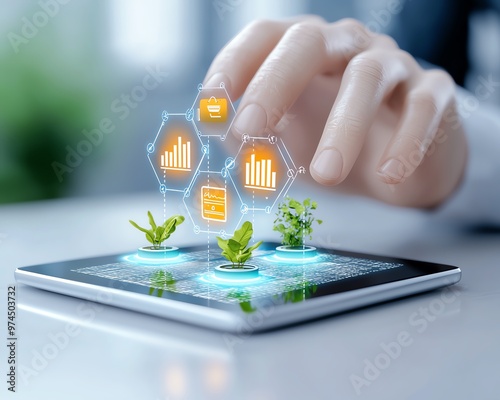 A hand interacting with digital plant graphics on a tablet, showcasing technology's role in sustainable agriculture and growth.