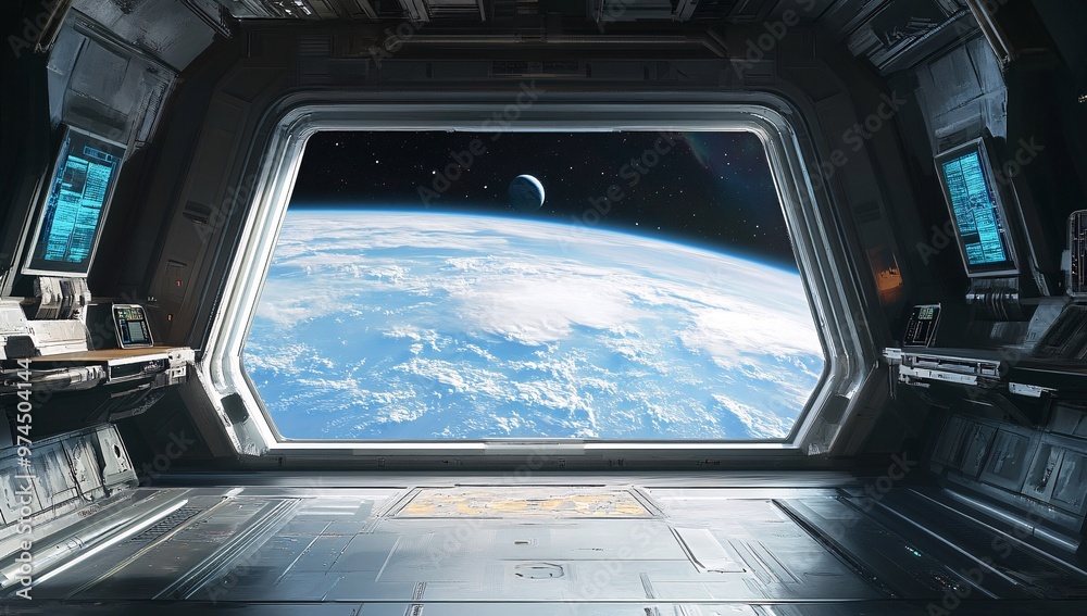 A breathtaking view of Earth from a futuristic space station during a serene moment in space with distant celestial bodies visible