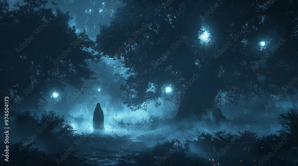 Mysterious Figure in Enchanted Forest at Night Mysterious Figure in Enchanted Forest at Night