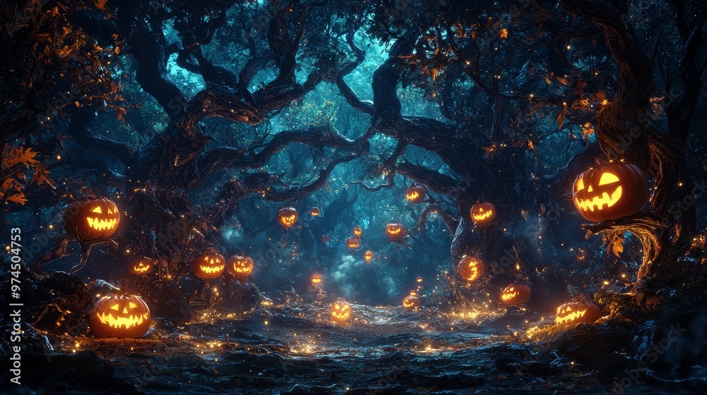 Halloween Jack o Lantern Forest Night Scene Halloween Jack o Lantern Forest Night Scene