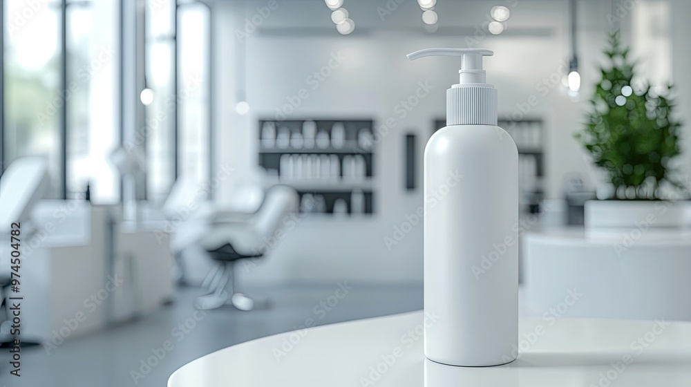 A professional beauty salon scene with a blank pump bottle mockup on display, ready for product branding or design. A professional beauty salon scene with a blank pump bottle mockup on display, ready for product branding or design.