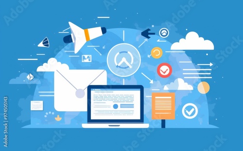 an Open Computer Screen with Marketing Icons Including a Letter Envelope, Megaphone, and Paper Document, Set Against a Blue Background. 