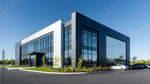 A modern industrial building with black and white metal cladding, featuring large windows for natural light and steel frames