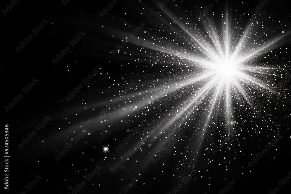 Bright white starburst against a black background with glimmering particles and rays of light. Mesmerizing celestial scene full of sparkle and shine. Bright white starburst against a black background with glimmering particles and rays of light. Mesmerizing celestial scene full of sparkle and shine.