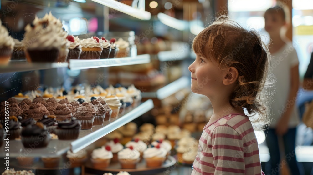 A little girl is looking at a display of cupcakes in a store A little girl is looking at a display of cupcakes in a store