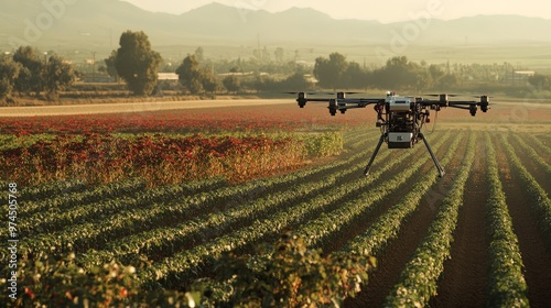 An advanced agricultural system utilizing drones, AI, and automated machinery.  photo