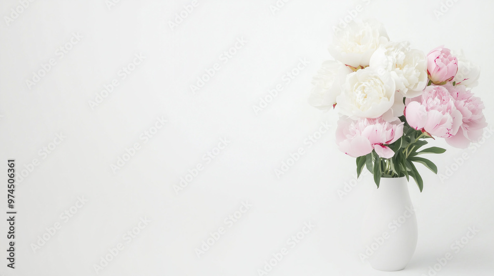 pink and white peony in a ceramic vase on a white background with copy space 