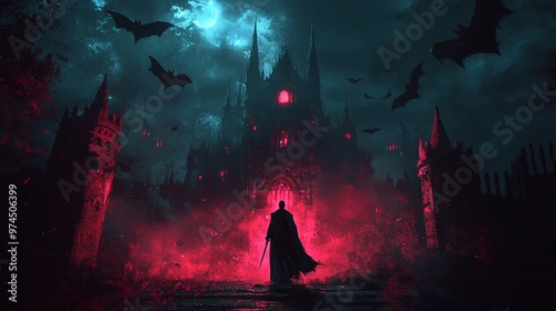 Dark Fantasy Gothic Castle with Bats and Silhouette Figure photo