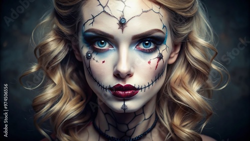 A spooky female model showcases a haunting Halloween makeup design, featuring a cracked porcelain doll-inspired face with eerie blue eyes and sinister, stitched lips. photo