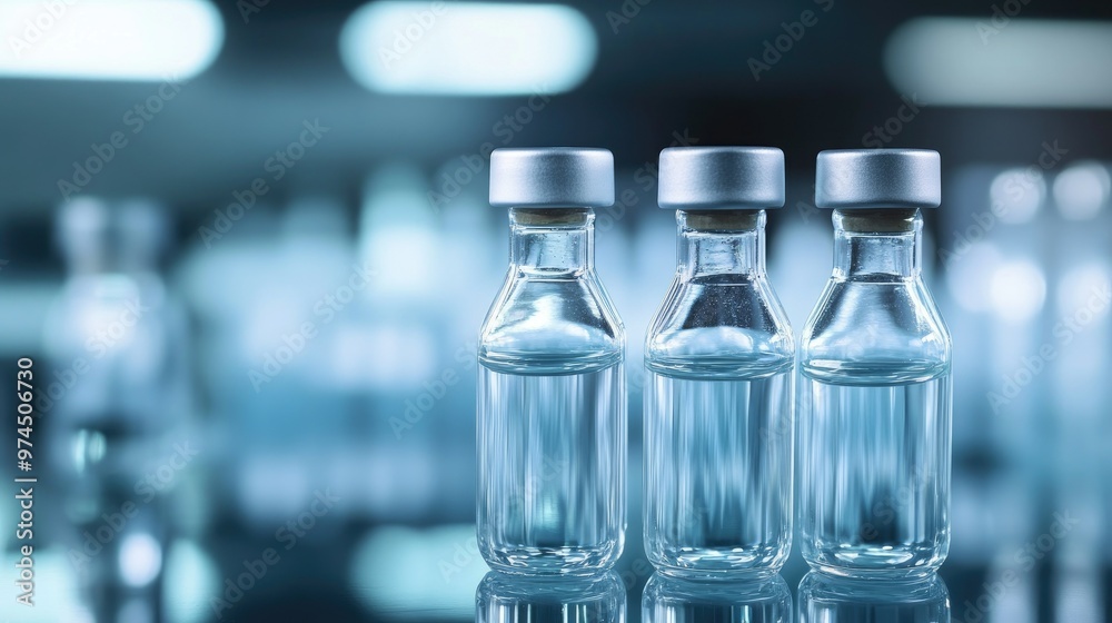 Close-up of glass ampoules filled with clear liquid, placed against a blurred background, giving a clinical feel. Close-up of glass ampoules filled with clear liquid, placed against a blurred background, giving a clinical feel.