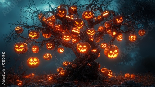 Halloween Jack O Lantern Tree in Spooky Forest