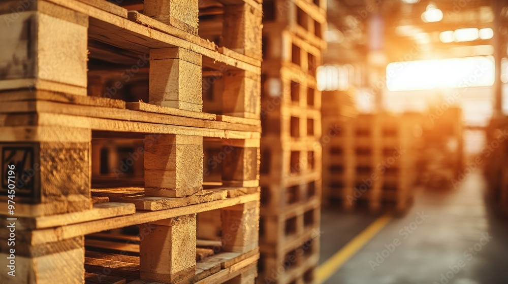 Close-up of stacked wooden shipping pallets in a spacious warehouse environment. Close-up of stacked wooden shipping pallets in a spacious warehouse environment.