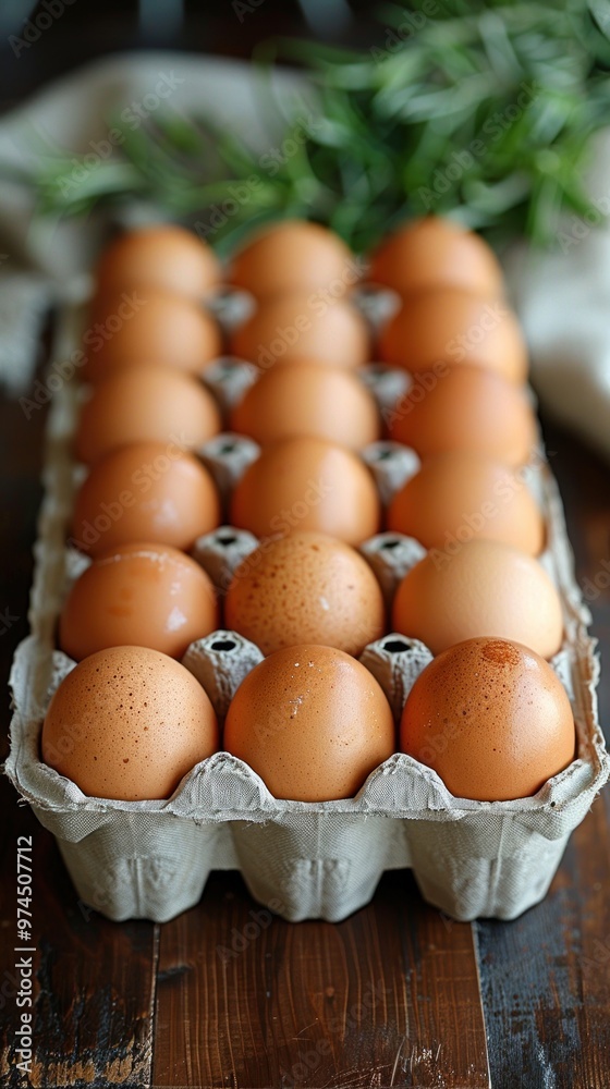 Fresh brown eggs neatly arranged in a carton on a rustic wooden table with greenery in the background. Generative AI Fresh brown eggs neatly arranged in a carton on a rustic wooden table with greenery in the background. Generative AI