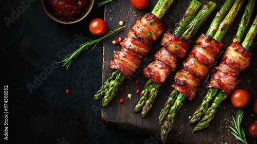 Delicious, crispy bacon-wrapped asparagus spears, placed on a dark background with a rustic wooden table.