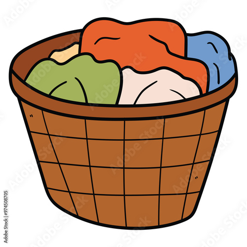 Hand drawn cartoon dirty clothes hamper on white background.