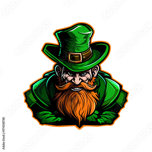 Ai generated cartoon leprechaun mascot. Mythical creature portrait symbol of good luck and Irish folklore. Isolated emblem of Ireland character with awesome face and red beard, wear green suit and hat