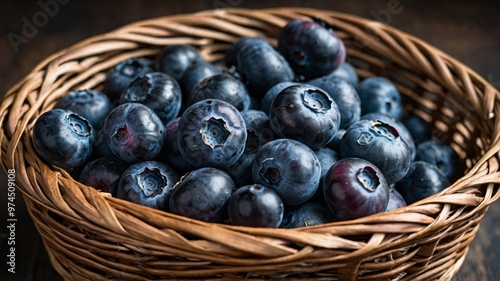 Fresh Blueberries in a Woven Basket on Dark Rustic Background