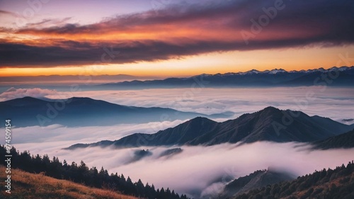 Misty sunrise over mountains with a sea of clouds.