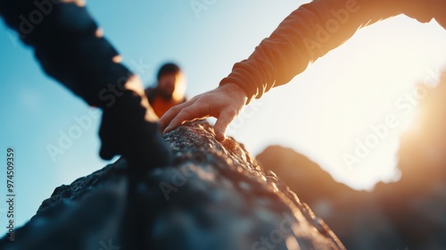 Two climbers take hold of a rocky outcrop, illuminated by the sunlight. The image captures the essence of teamwork and perseverance amidst breathtaking natural beauty. photo