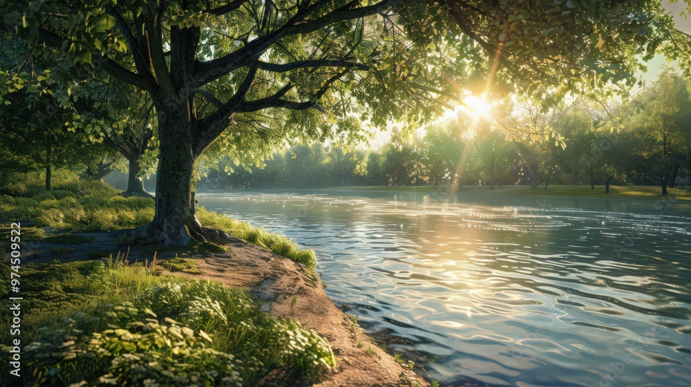 Create a scene of a sunny day on a serene riverbank, with sunlight dancing on the water, Create a scene of a sunny day on a serene riverbank, with sunlight dancing on the water,