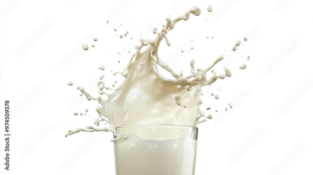 Dynamic splash of milk erupting from a glass, isolated on a white background, capturing the fluid motion and energy Dynamic splash of milk erupting from a glass, isolated on a white background, capturing the fluid motion and energy