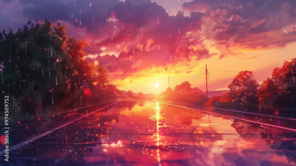 Create a scene of a weather transition from clear skies to a dramatic sunset with vibrant colors, reflecting the end of a sunny day and the onset of twilight Create a scene of a weather transition from clear skies to a dramatic sunset with vibrant colors, reflecting the end of a sunny day and the onset of twilight