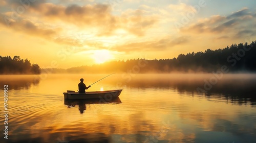 A man is fishing in a boat at sunrise.