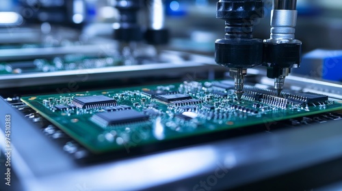 An electronics manufacturing facility assembles circuit boards using precision machines. photo