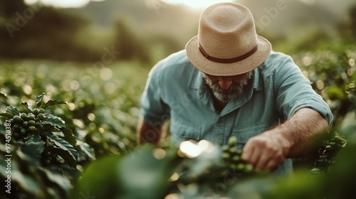 An agricultural laborer clad in a straw hat is tending to crops in a field, signifying hard work, growth, and nurturing in a calm, natural environment. photo