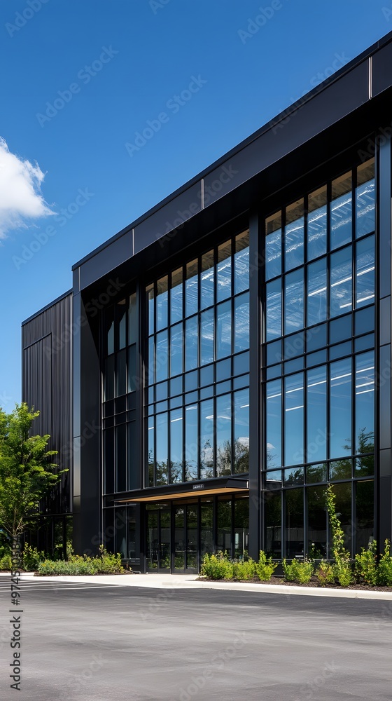 A modern industrial building with black and white metal cladding, featuring large windows for natural light and steel frames A modern industrial building with black and white metal cladding, featuring large windows for natural light and steel frames