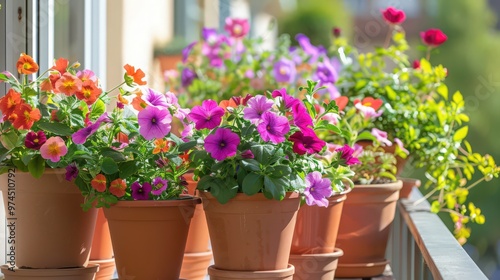 Create a spring balcony garden with pots of vibrant petunias, pansies, and begonias, set against a bright and sunny backdrop