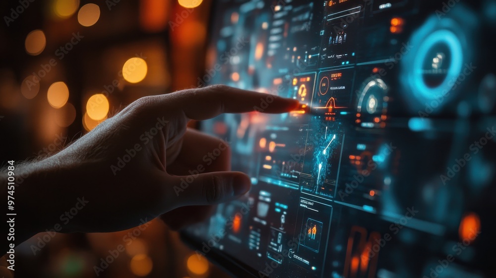 A close-up of fingers interacting with a touchscreen to adjust smart home settings, with AI recommendations displayed on the interface. A close-up of fingers interacting with a touchscreen to adjust smart home settings, with AI recommendations displayed on the interface.