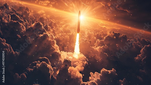 A rocket launching from Earth, with smoke and flames showing the power of space exploration technology.